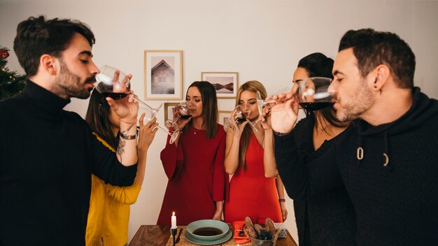 Amigos bebiendo vino en navidad