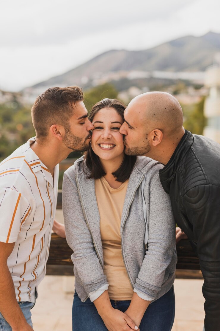 Foto gratuito amigos besando a mujer