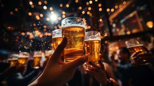 Amigos brindando con vasos de cerveza capturados en una animada escena de fiesta
