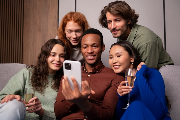 Foto gratuito amigos leyendo mensajes de teléfono celular vista frontal