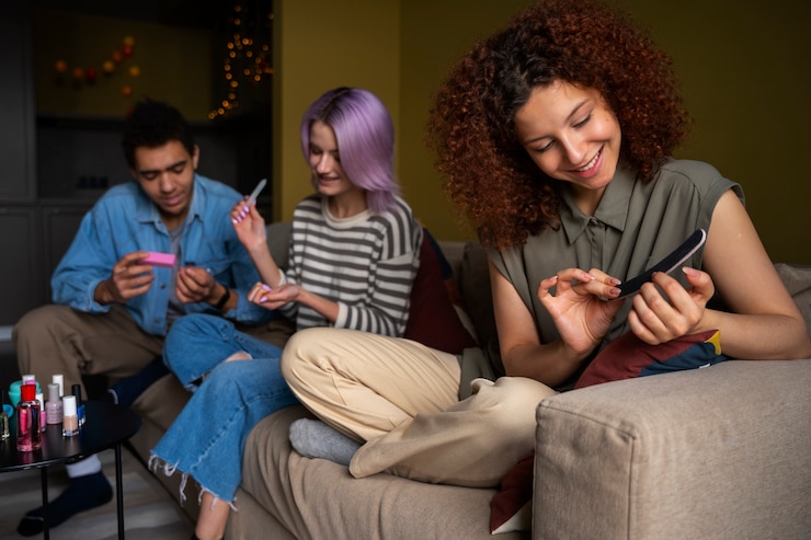Foto gratuito amigos masculinos y femeninos haciéndose la manicura juntos