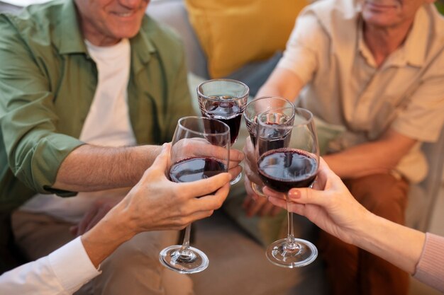 Amigos mayores que tienen una fiesta por la noche