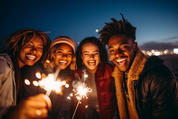 Amigos medianos celebrando el año nuevo.