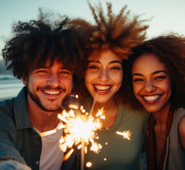 Amigos medianos celebrando el año nuevo.