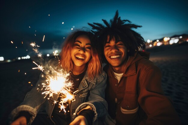 Amigos medianos celebrando el año nuevo.