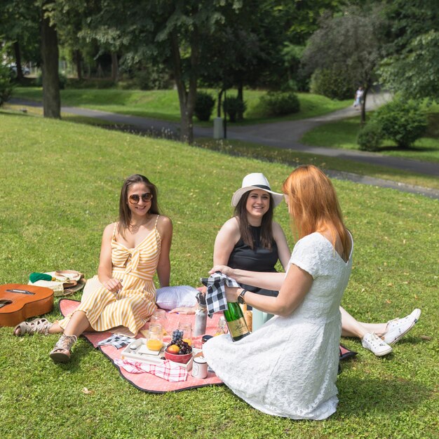 Amigos mirando a la mujer abriendo la botella de cerveza en picnic