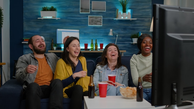 Foto gratuito amigos multirraciales riendo juntos mientras están sentados en el sofá