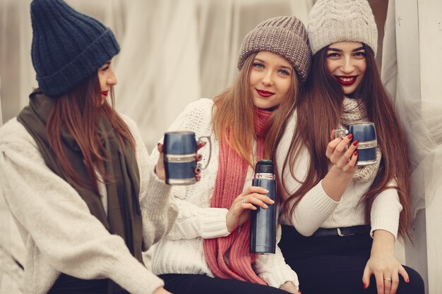 Amigos en un parque de invierno. Chicas con sombreros de punto. Mujeres con termo y té.