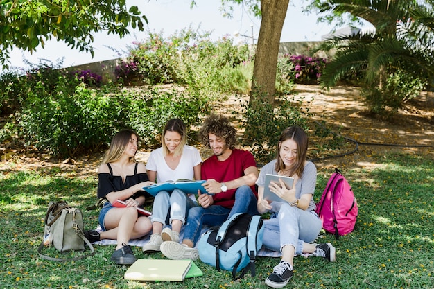 Foto gratuita amigos que estudian en el parque verde