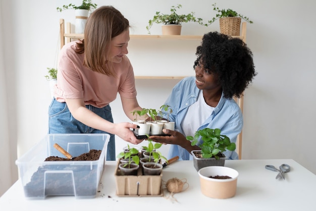 Foto gratuita amigos que tienen un jardín sostenible en el interior.