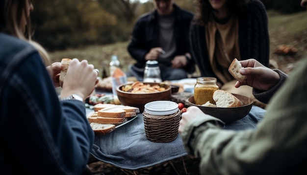 Amigos reunidos al aire libre para una divertida aventura de barbacoa generada por IA