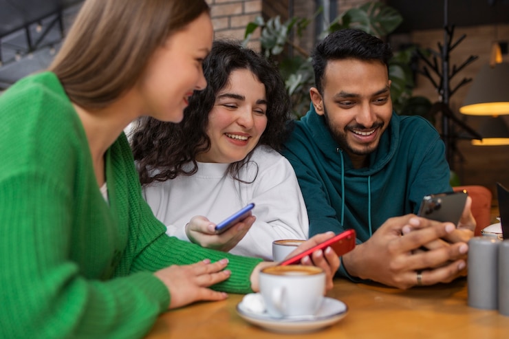 Foto gratuito amigos sonrientes de tiro medio con smartphone