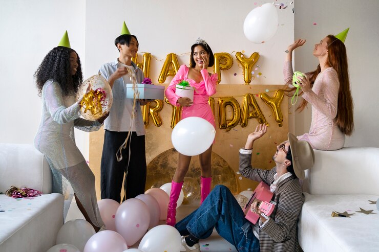 Foto gratuito amigos de tiro completo celebrando cumpleaños.