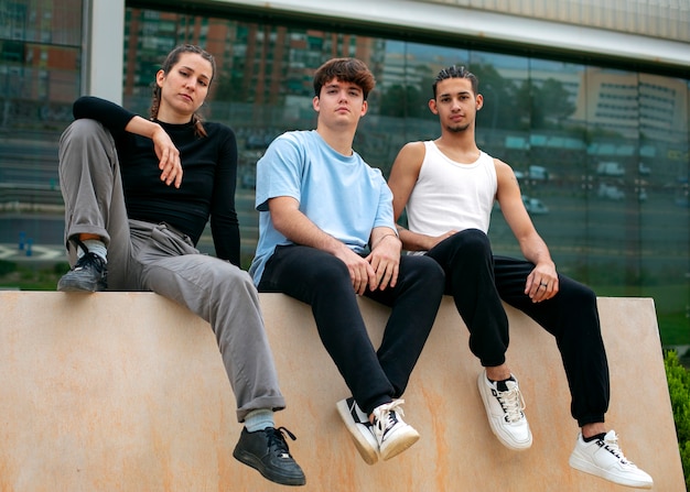 Amigos de tiro completo haciendo parkour