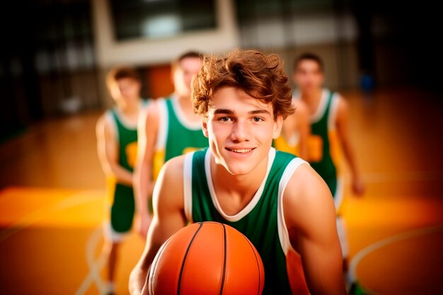 Amigos de tiro medio jugando baloncesto.