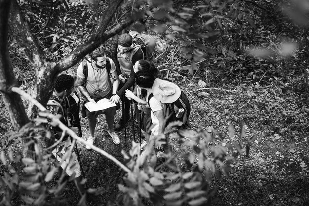 Amigos trekking juntos en un bosque