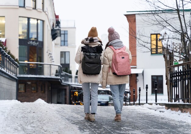 Amigos viajando juntos en invierno