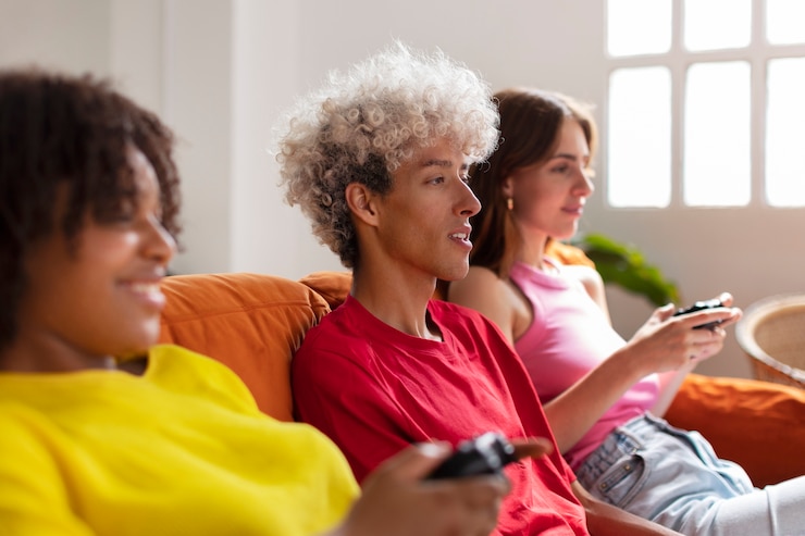 Foto gratuito amigos de vista lateral jugando videojuegos