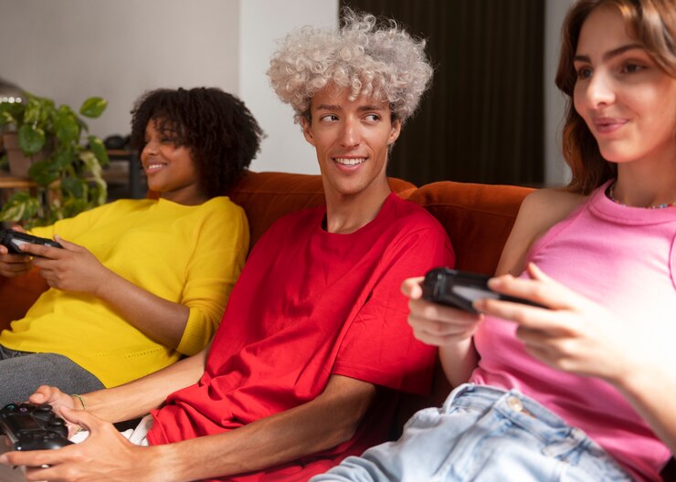 Foto gratuito amigos de vista lateral jugando videojuegos