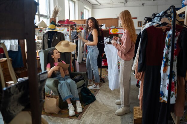 Amigos yendo de compras en una tienda de antigüedades