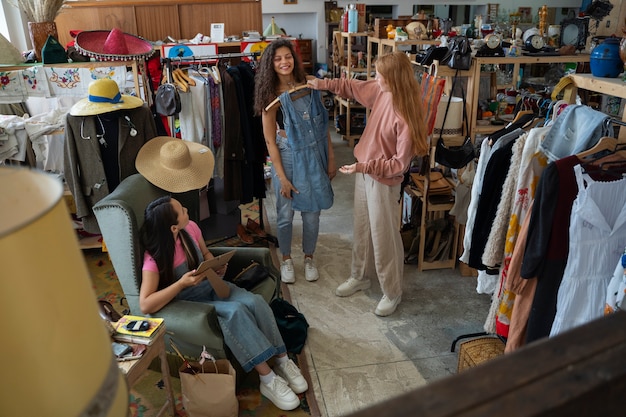 Amigos yendo de compras en una tienda de antigüedades