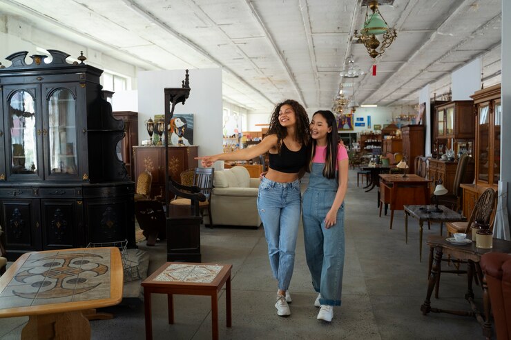 Foto gratuito amigos yendo de compras en una tienda de antigüedades