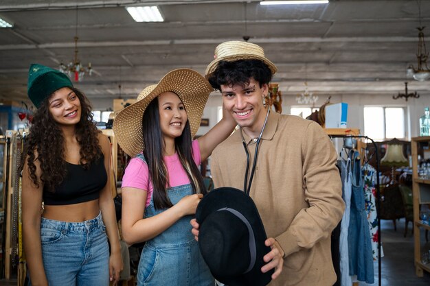 Amigos yendo de compras en una tienda de antigüedades