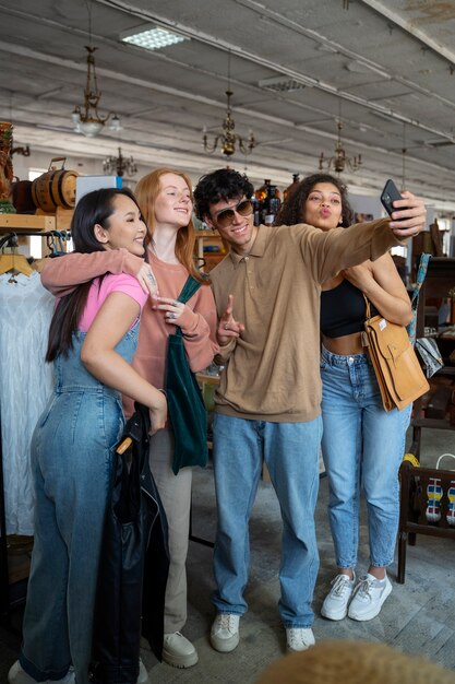 Amigos yendo de compras en una tienda de antigüedades