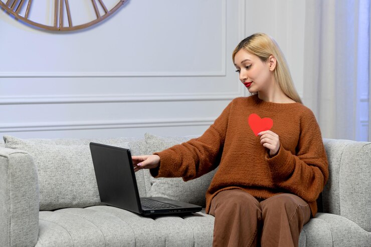 Foto gratuito amor virtual linda jovencita rubia en suéter acogedor en fecha de computadora a distancia con corazón de papel