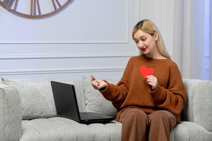 Foto gratuito amor virtual linda jovencita rubia en suéter acogedor en fecha de computadora a distancia sosteniendo el corazón del dedo