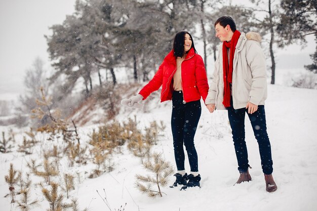 Amorosa pareja caminando en un parque de invierno