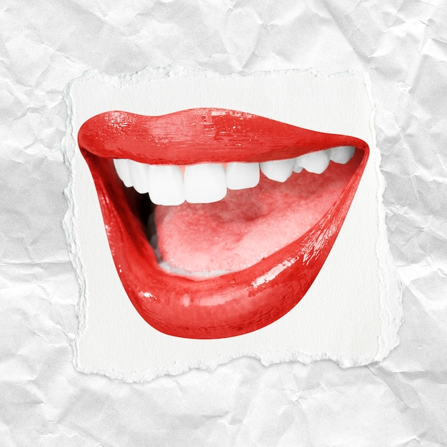 Amplia sonrisa con dientes labios rojos de mujer publicación de San Valentín en las redes sociales