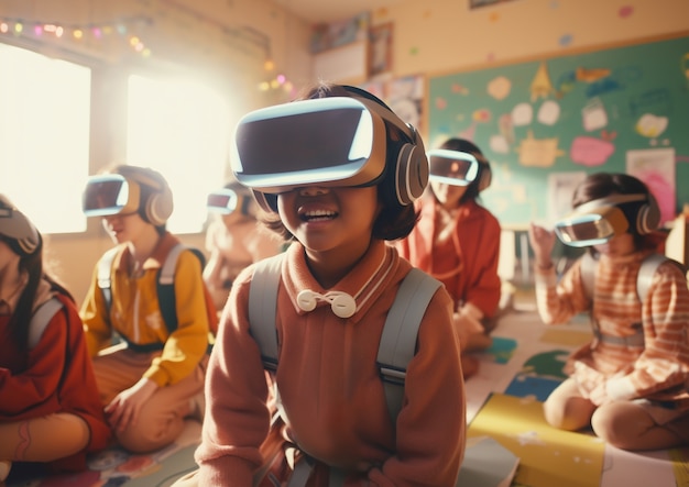Anak-anak dengan kacamata vr di ruang kelas sekolah futuristik abstrak