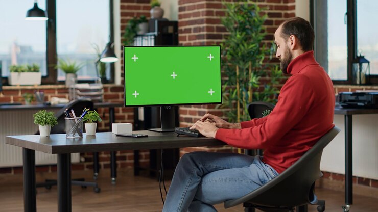 Foto gratuito analista financiero trabajando con pantalla verde en computadora, planeando estrategia de negocios. trabajador de oficina usando copyspace aislado con plantilla de maqueta y fondo de clave de croma en blanco. disparo de trípode.