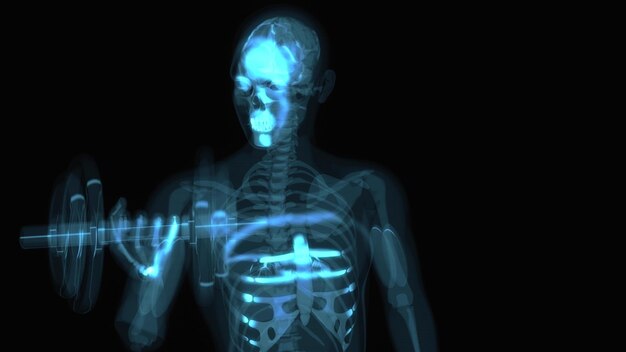Anatomía 3D abstracta de un hombre haciendo flexiones de bíceps