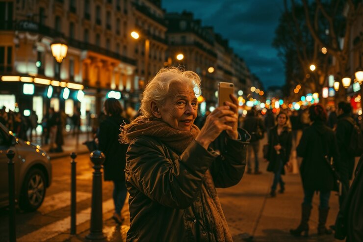 Foto gratuito una anciana celebrando el día mundial de la fotografía