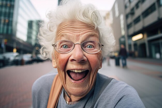 Foto gratuita anciana feliz y sorprendida expresión fondo de la ciudad