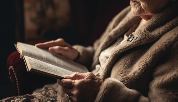 Foto gratuita anciana leyendo la biblia encontrando consuelo en la espiritualidad generada por ia