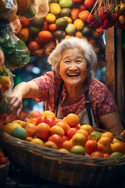 Una anciana de talla media posando con frutas.