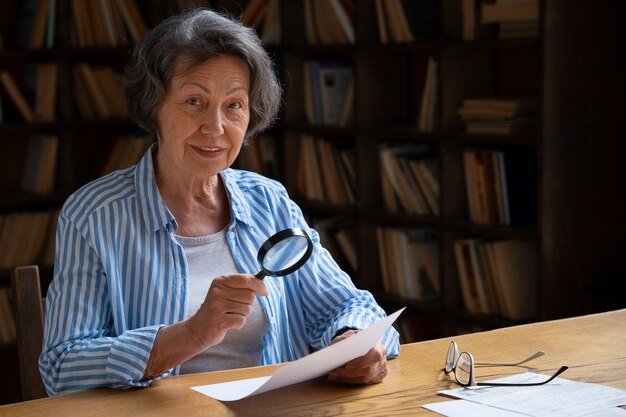 Anciana de tiro medio en la biblioteca