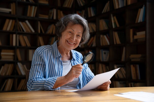 Anciana de tiro medio en la biblioteca