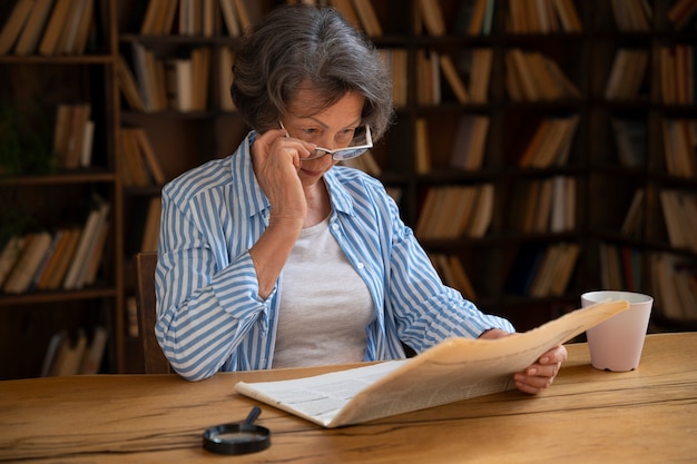 Anciana de tiro medio en la biblioteca