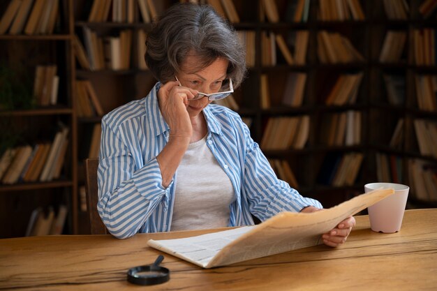 Anciana de tiro medio en la biblioteca