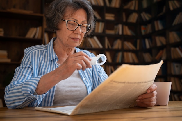 Anciana de tiro medio en la biblioteca