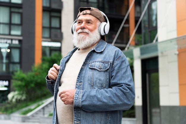 Anciano con auriculares al aire libre en la ciudad