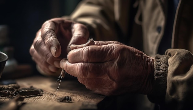 Foto gratuita un anciano habilidoso fabrica cuero casero generado por ia