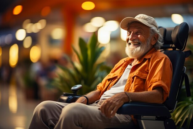 Un anciano con movilidad limitada se sienta en una silla de ruedas eléctrica esperando para registrarse para un vuelo