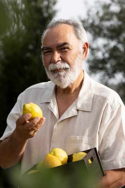 Foto gratuita anciano recogiendo limones de su jardín en el campo