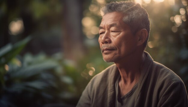 Un anciano sereno disfruta de la belleza tranquila de la naturaleza generada por IA