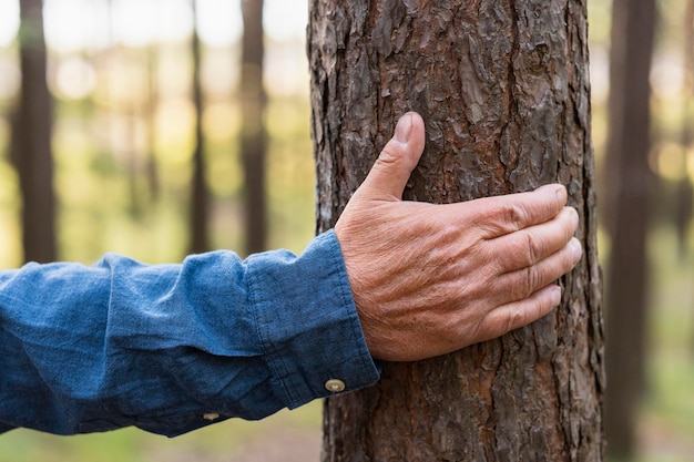 Anciano sosteniendo árbol mientras mochilero